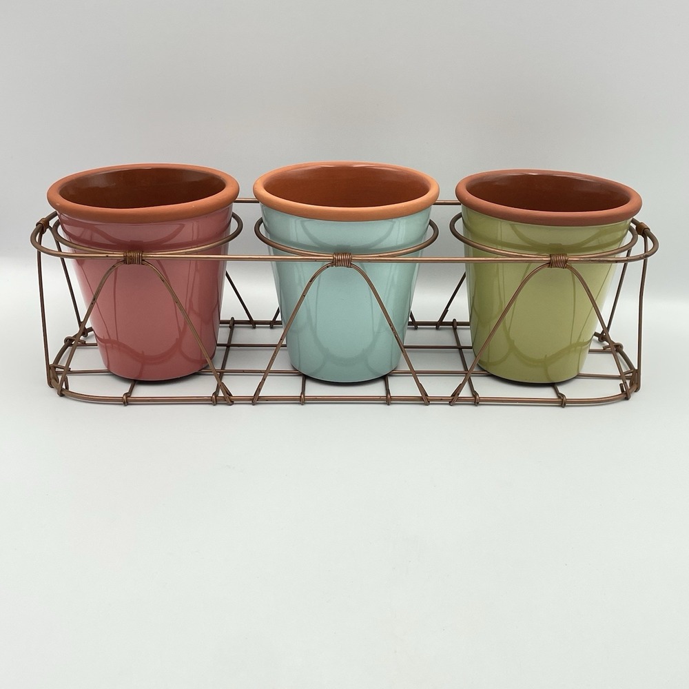 Bath &‎ Body Works Ceramic Flower Pots Planters Set of 3 w/ Metal Wire Caddy